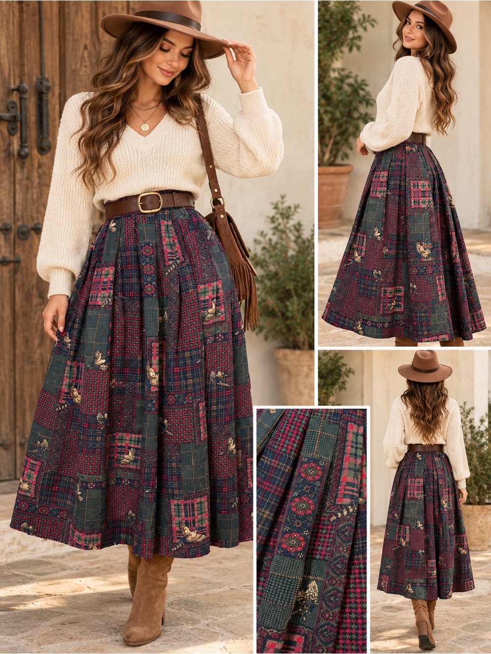 Vintage David Brooks Patchwork Plaid Midi Skirt 80s/90s size:8-M 100%rayon